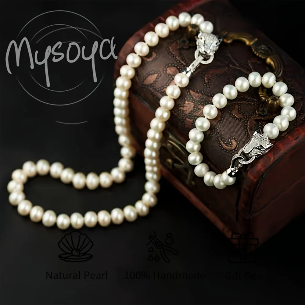 

MYSOYA 8-9 мм натуральный пресноводный жемчуг зеленый глаз голова леопарда браслет ожерелье унисекс разные размеры подарочная коробка подарок на свадьбу и день рождения