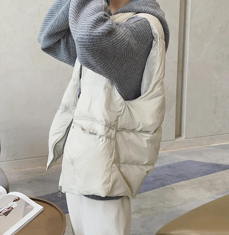 سترة نسائية بيضاء فاتحة للأسفل سترة نسائية قصيرة بدون أكمام كبيرة الحجم معطف سترات لخريف وشتاء 2025 سترة نسائية دافئة #6