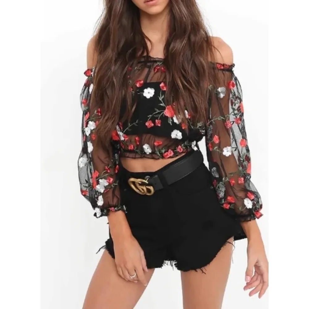 Elegant  Chiffon Mesh Puff Sleeve Slash Neck Blouse Chic Korean Fashion Top Women Slim Spring Autumn Casual Slim Lace Shirts