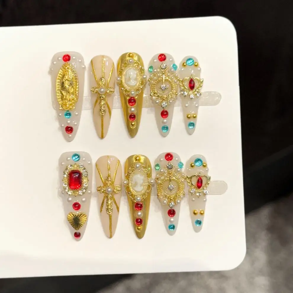 

10 шт. винтажных накладных ногтей ручной работы класса люкс с цветными стразами, длинные, в форме шпильки, готовые к носке