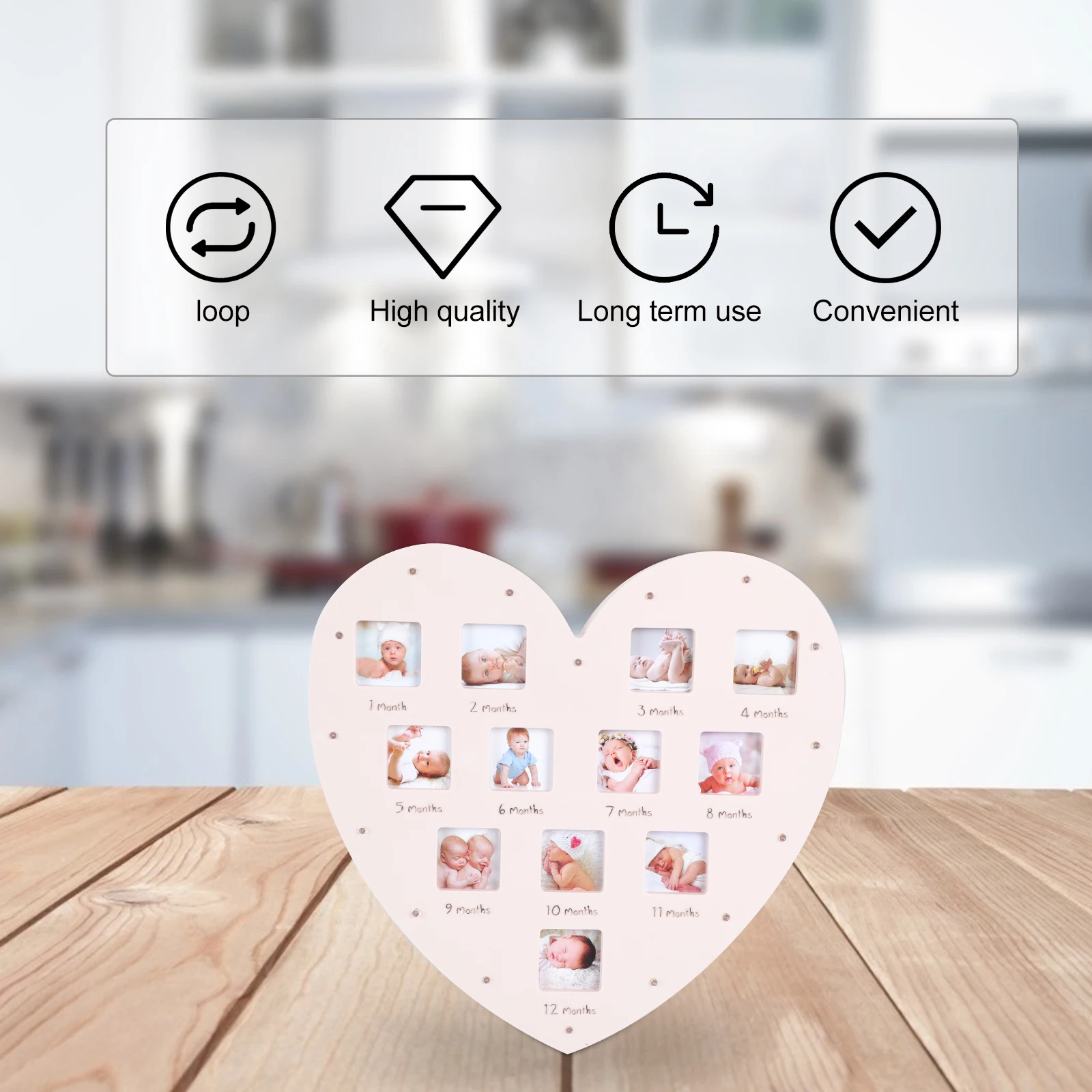 

Growth Record Photo Frame Heart Shape 12 Months Baby Picture Frame Light Plastic Infant First Year Desktop nament