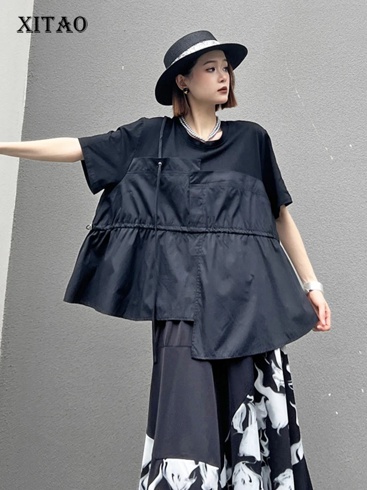 

XITAO Black Asymmetrical Casual T-shirt Drawstring Splicing Loose Fashion Trendy Street Women Top 2024 Summer New ZY8816