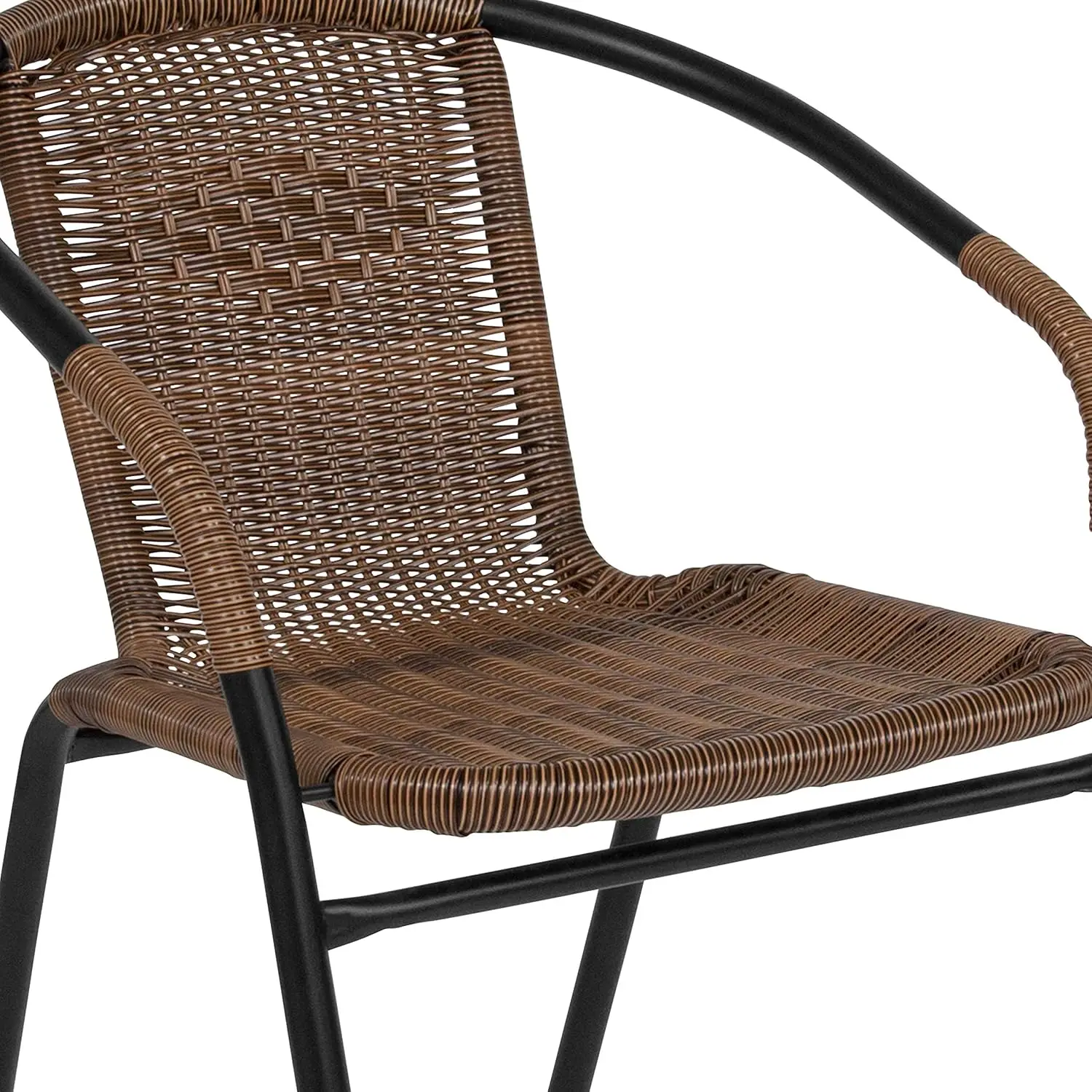 Lila 28'' Round Glass Metal Table with Dark Brown Rattan Edging and 4 Dark Brown Rattan Stack Chairs