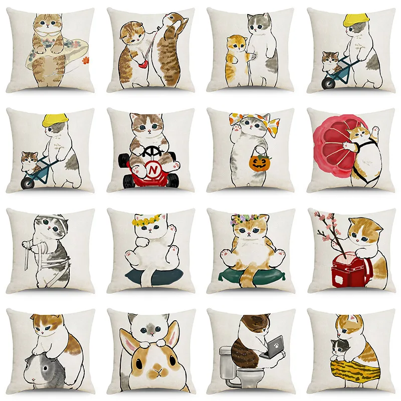 Cute Cat Linen Pillowcase Lazy Kitten Square Pillows Case for Living Room Home Decoration Modern Pillow Covers Decorative 45x45