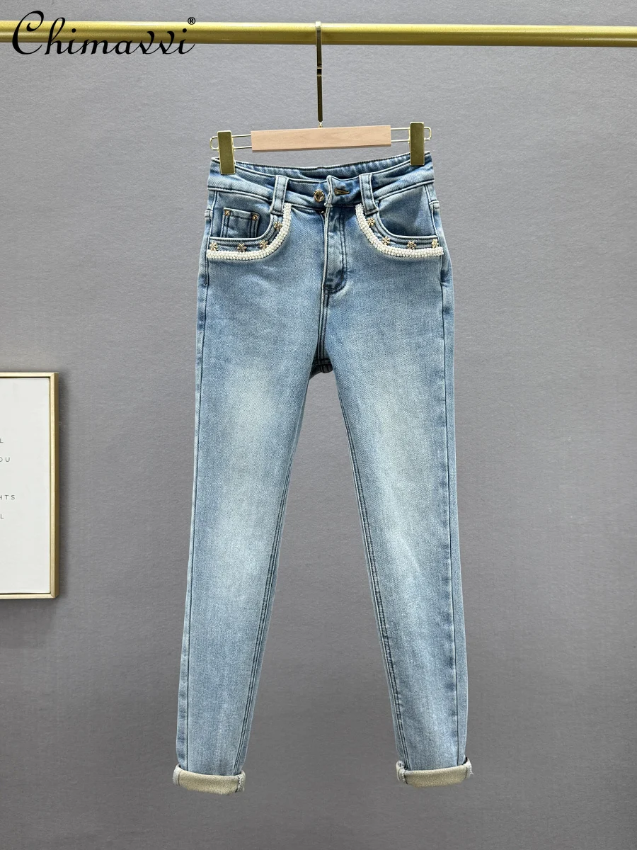 Blue Denim Pants Women's Velvet 2024 Winter Clothes New Fashion High Waist Slim-fit Temperament Female Nine-point Pencil Pants