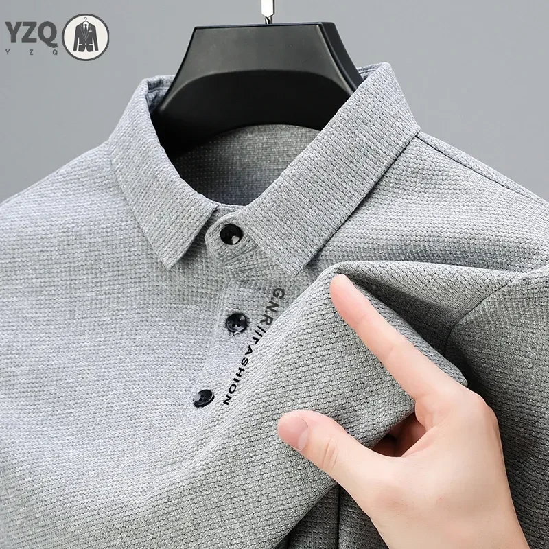 Men\'s Waffle Long Sleeved POLO Shirt with Letter Printed Lapel Casual Top