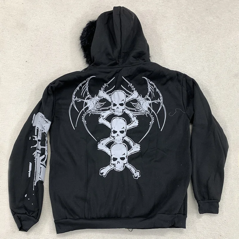 المرأة Y2k الشارع خمر الفراء طوق قبعة مقنعين الشتاء قمة الموضة الشارع كول الجمجمة المطبوعة سستة البلوز معطف دافئ سترة #2