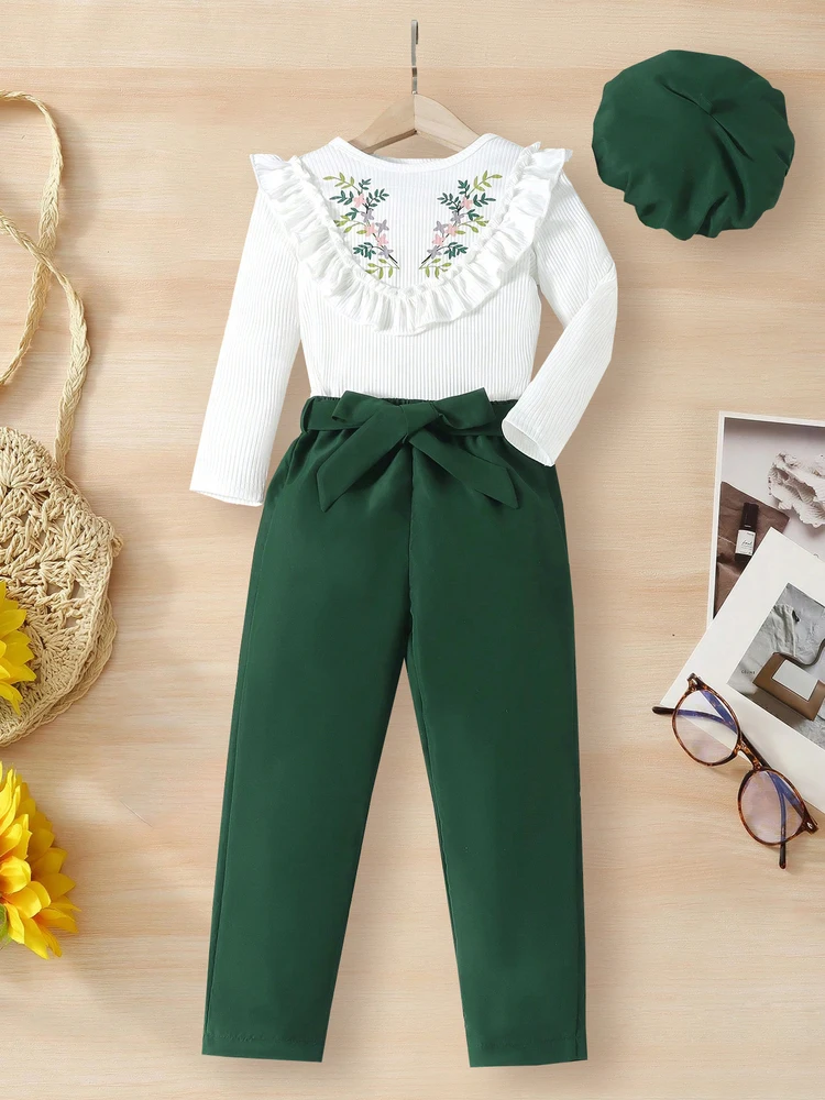 Girls spring and autumn new fashion pit leaf print long sleeve jacket with loose casual pants style two sets