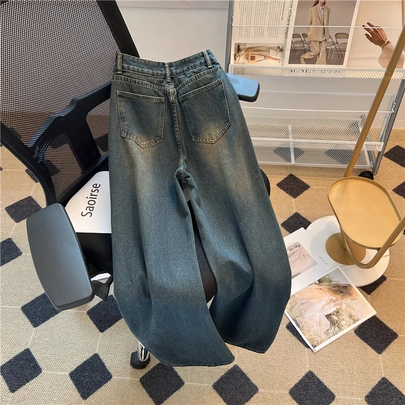 Vintage blauwe patchwork jeans lente herfst retro herenbroek Amerikaanse casual mode Street Style wijde pijpen denim broek