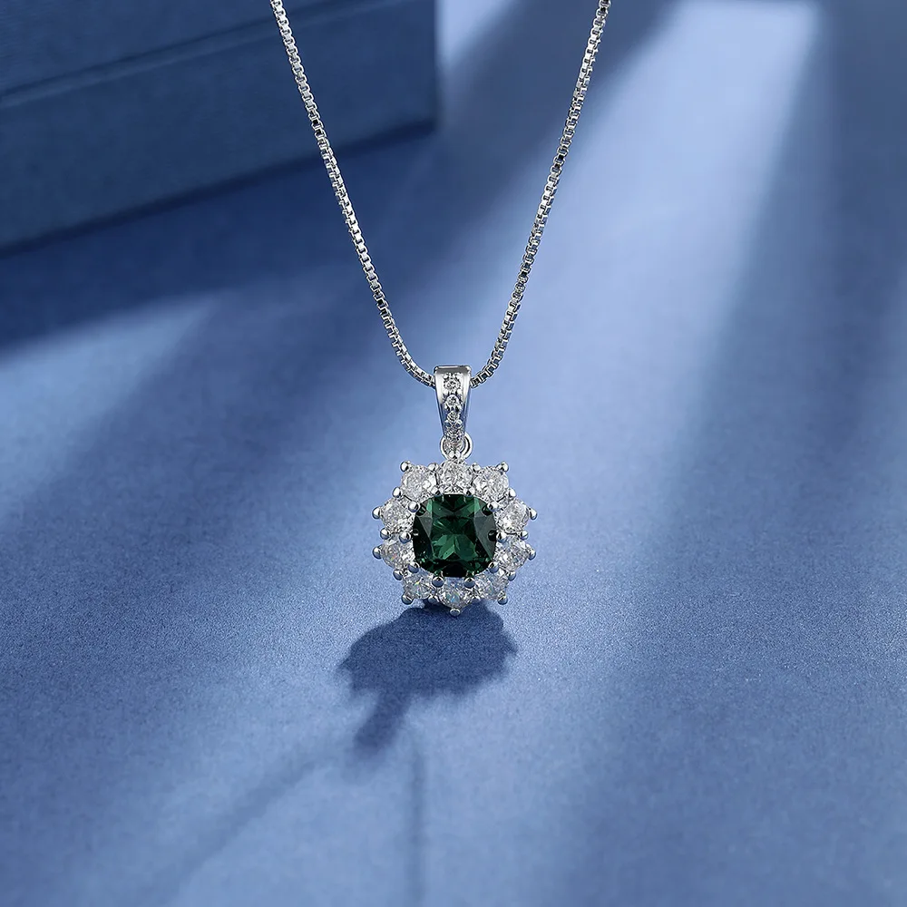 Cushion Cut Green Simulated Nano Emerald 925 Sterling Silver Flower Pendant Necklace for Women Gemstone Jewelry Colar de Prata