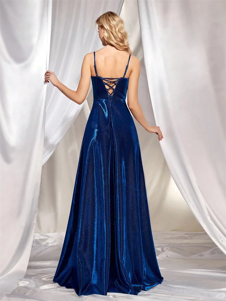 BLUEPLUM  Luxury Blue Evening Dress Elegant Women Spaghetti Strap Off Shoulder Cocktail Party Prom Mermaid Dress Long Gown