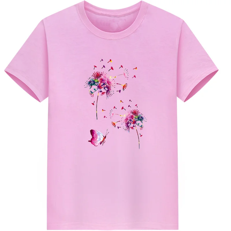 

Cotton 100% New dandelion print round-neck short-sleeved T-shirt, fashionable and casual women's T-shirt