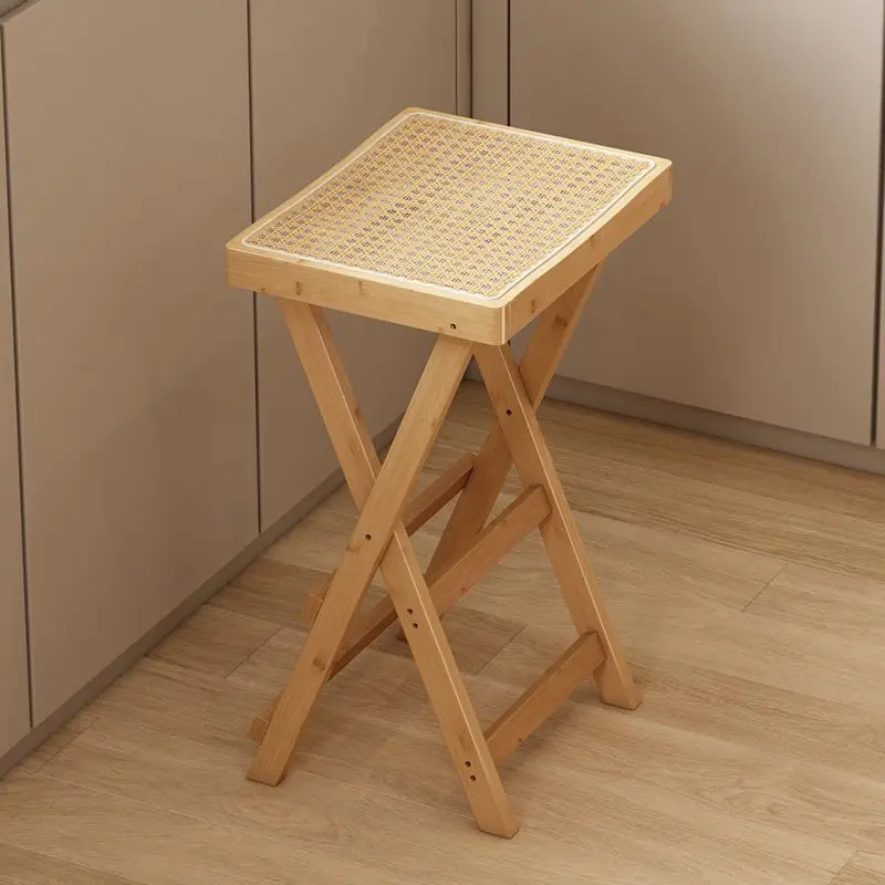 Camping Stool Folding Bamboo Height Adjustable Rattan Woven Seat Portable High Bar Stool For Outdoor Hiking Patio Kitchen Use