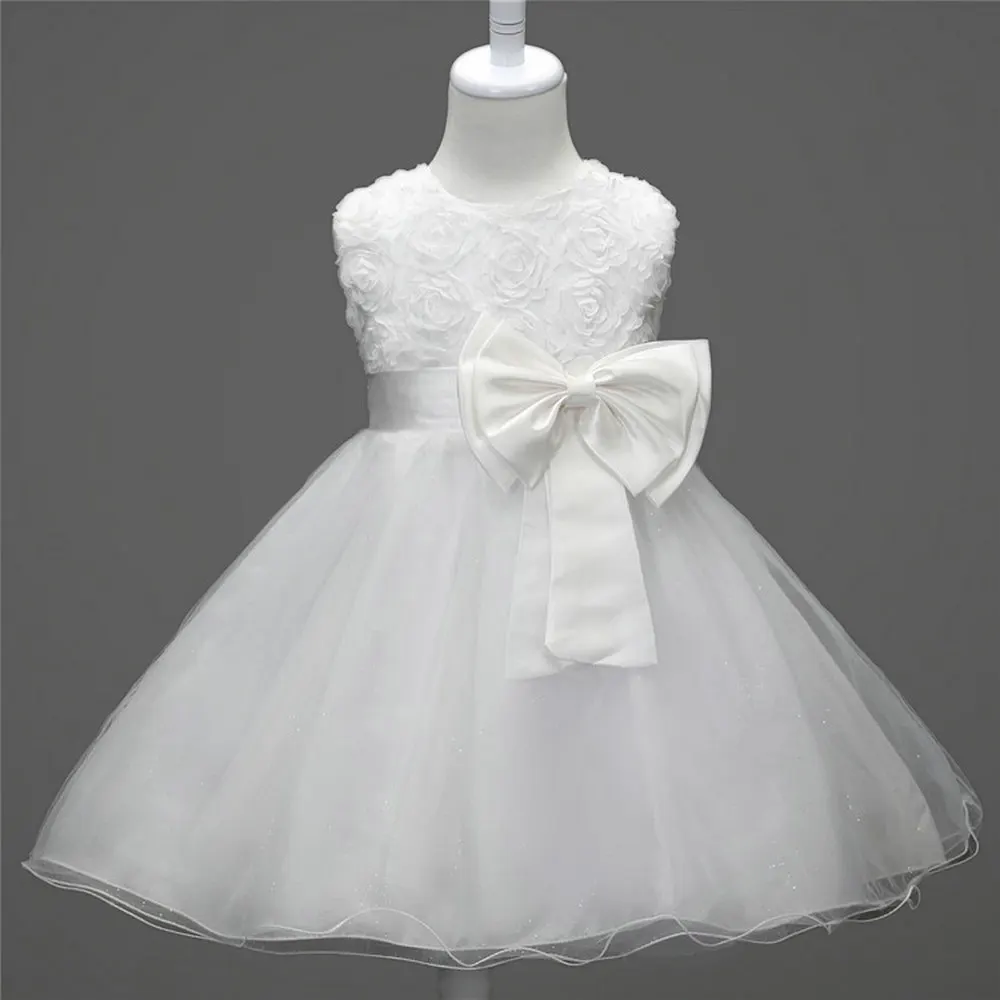 

Girl White Princess Dress Baby Happy Birthday Dresses Bow Decor Children's Clothing Girls Festive Prom Dress For Kid Summer