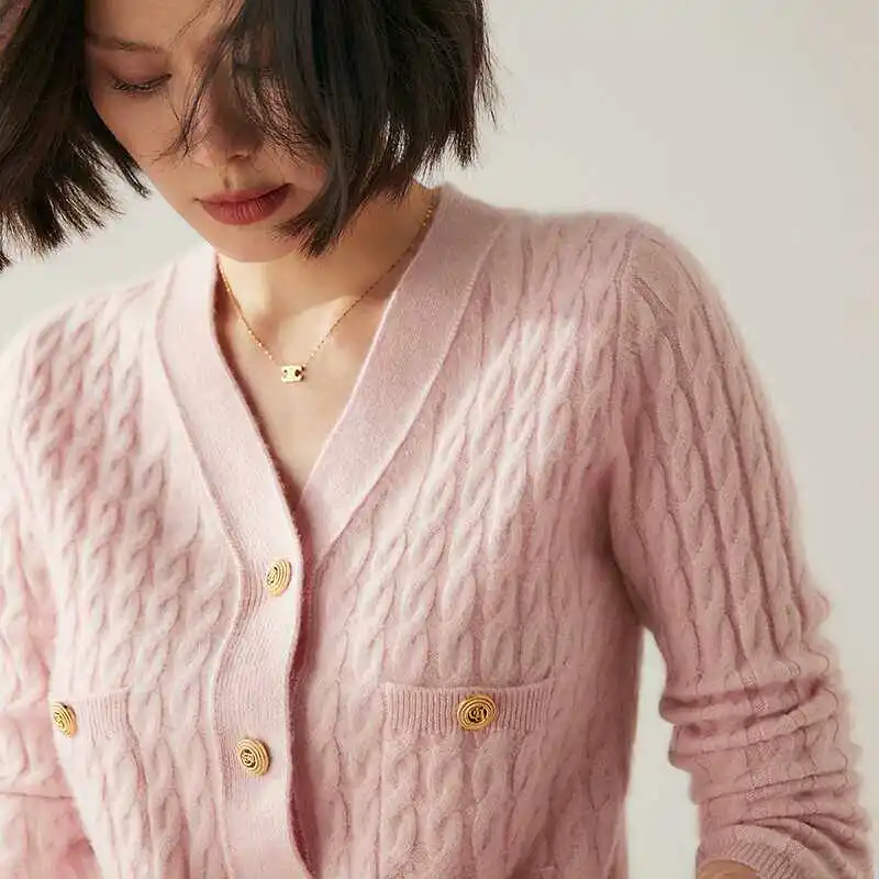 Cashmere knitted cardigan women's slim twist sweater V-neck small fragrance coat