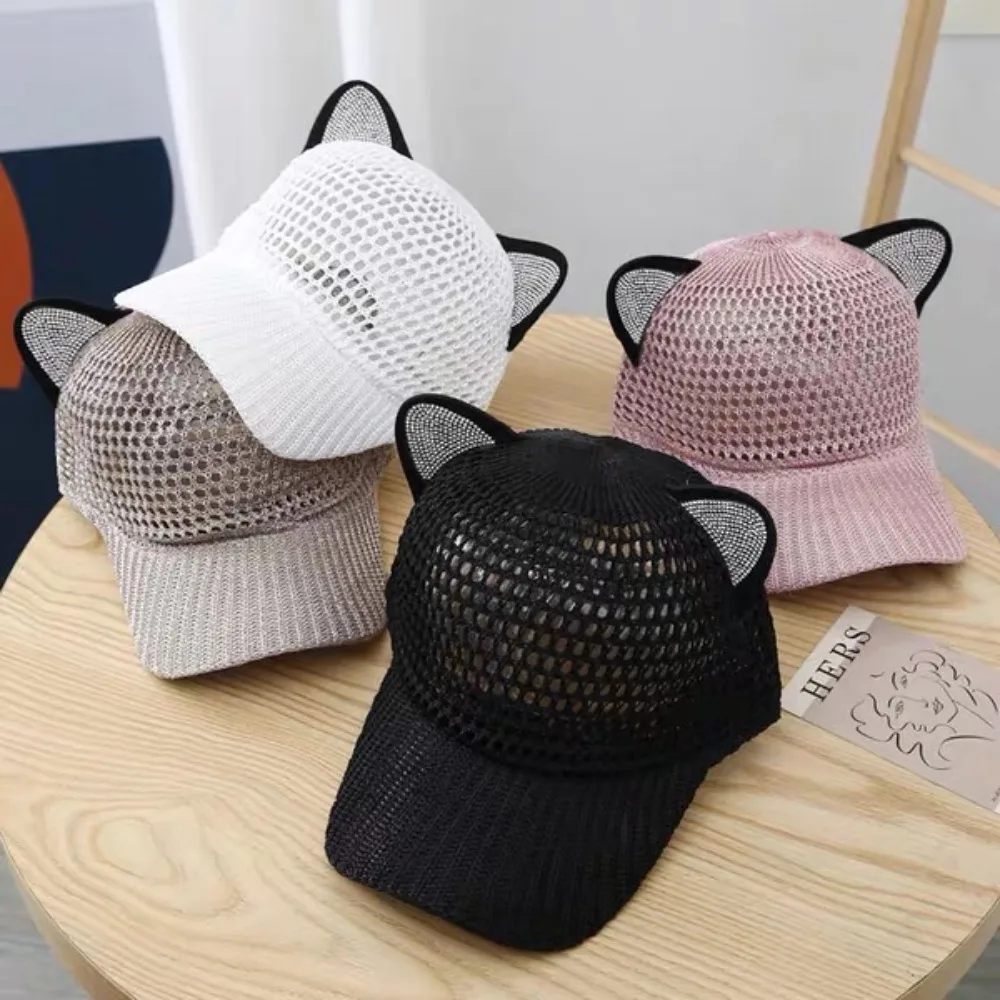 

Fashion Cat Ears Baseball Cap Diamond Decor Breathable Sun Hat Simple UV Protection Peaked Cap Unisex Outdoor