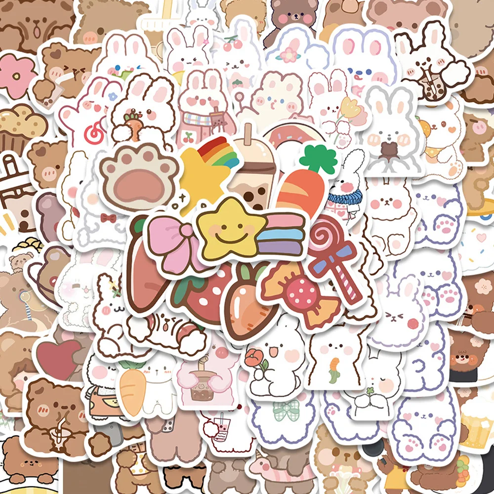 90pcs Cartoon Bear&Rabbit Sticker Cute Funny Decal For Phone Laptop Luggage Guitar Skateboard Decoration Sticker Student Reward