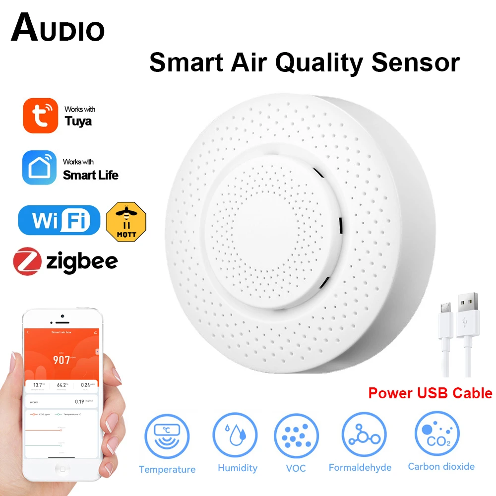 

Tuya Zigbee/WiFi Air Quality Sensor Monitor Smart Air Box co2 Meter Carbon Dioxide Formaldehyde VOC Temperature Humidity Sensor