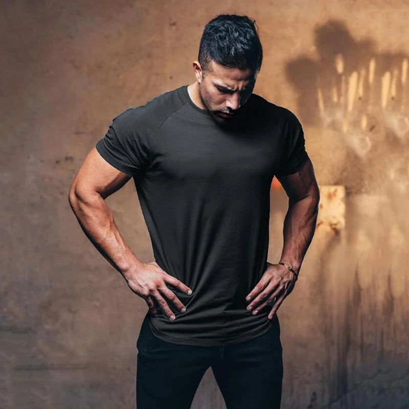 Einfarbiges Sommer-Schnelltrocknendes Elastisches Milchseide T-Shirt Herren Slim Fit Sport Kurzarm-Shirt Fitness Bodybuilding Freizeitkleidung