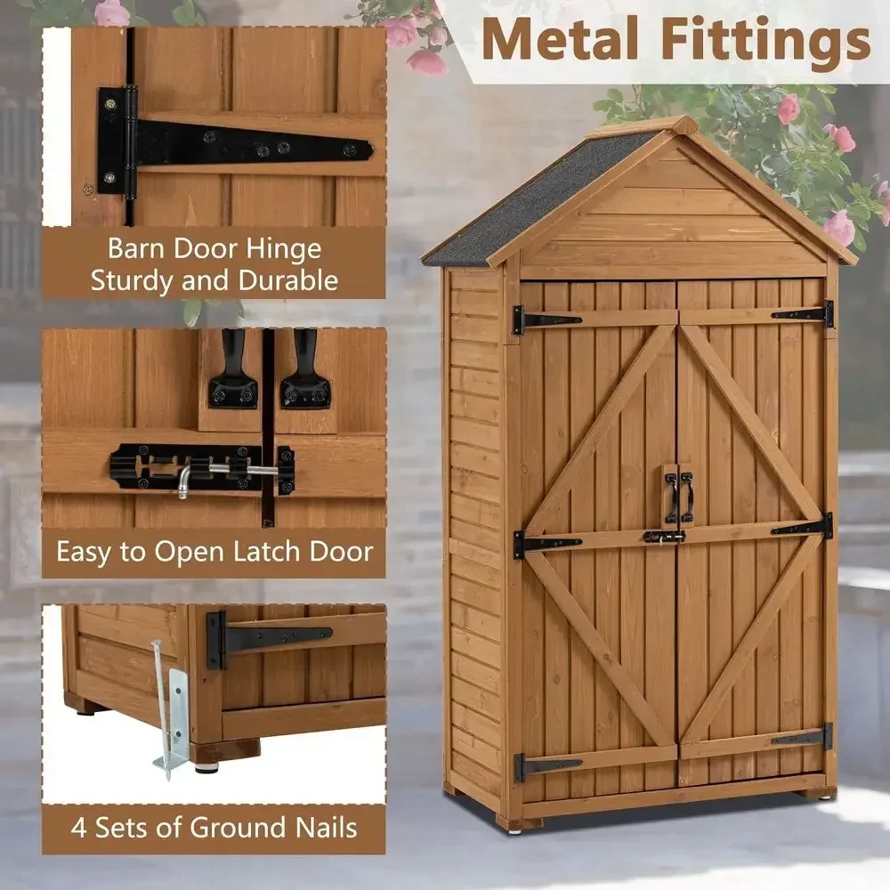 Durable Outdoor Storage Cabinet with 3 Removable Shelves, Lockable Waterproof Garden Shed for Patio and Lawn (Natural)