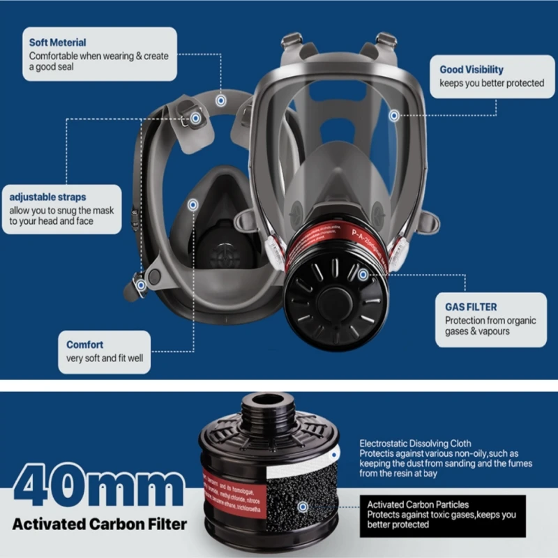 Gas mask, full face respirator, with 40mm activated carbon filter, suitable for chemicals, gases, paints, steam, welding