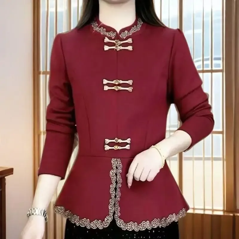 

New Chinese Long-sleeved Base Shirt for Middle-aged Women Autumn New Fashionable and Stylish Slim and Versatile Solid Color Top