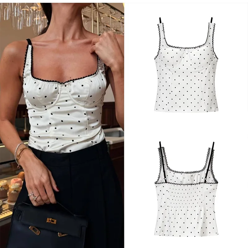 Retro Polka-dot Square Neck Suspender Vest Sleeveless Square Neck Slim Thin Shoulder Strap Vest Summer Exquisite Fashion Vest