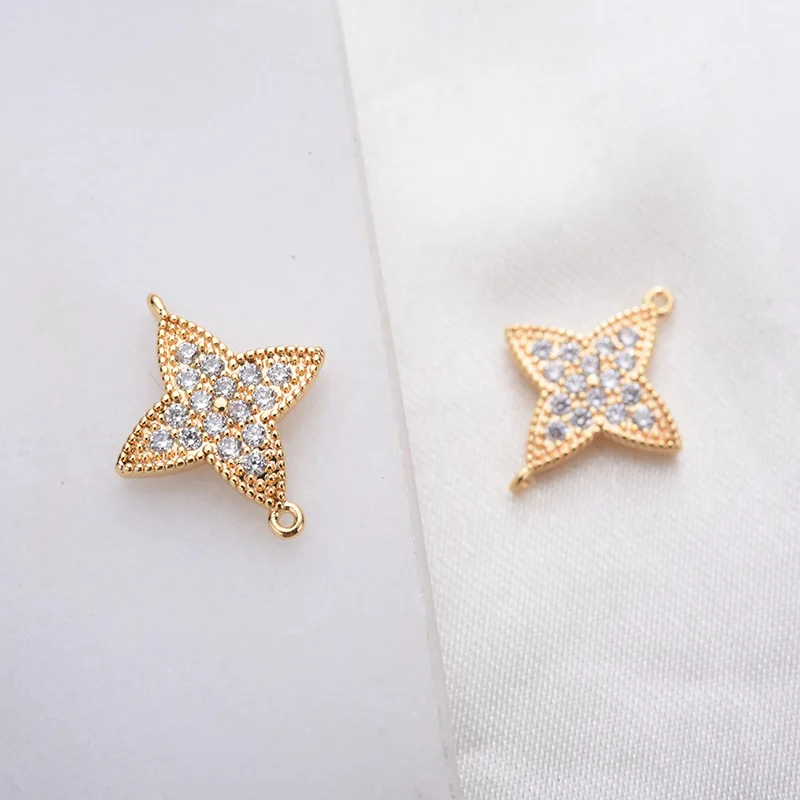 (1875)4PCS 11x15MM 24K Gold Color Brass with Zircon Flower Connector Charms High Quality DIY Jewelry Making Findings Accessories