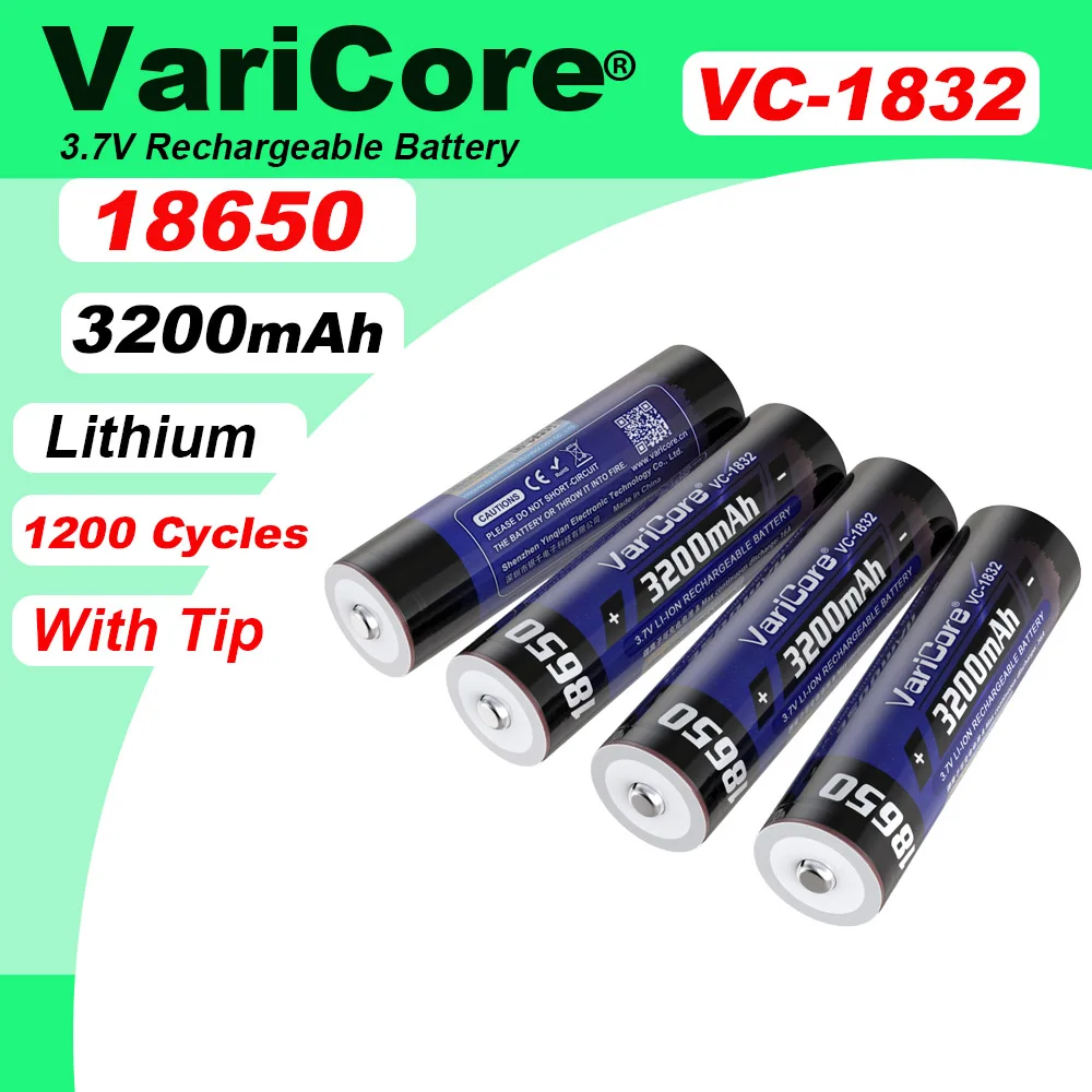 

New VariCore VC-1832 3.7v 3200mAh 18650 Lithium Rechargeable Battery With Pointed(No PCB) batteries for Flashlight, Headlight