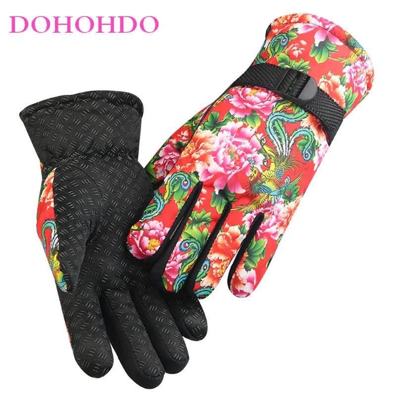 

Ski Gloves Big Flower Women Men Warm Winter Plus Velvet Motorcycle Gloves Wind-proof Waterproof Winter Outdoor Cycling Gloves