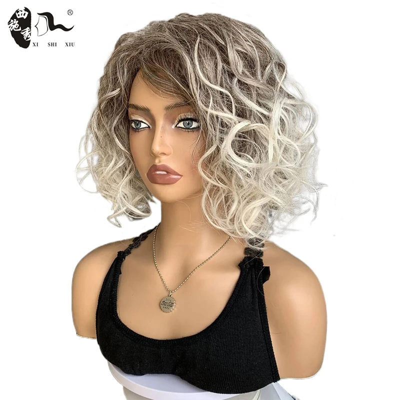 Ombre Gray Short Wavy Hair Synthetic Wig With Dark Brown Root Side Part Heat Resistant Fiber Natural Wavy Bob Cosplay Daily Wigs