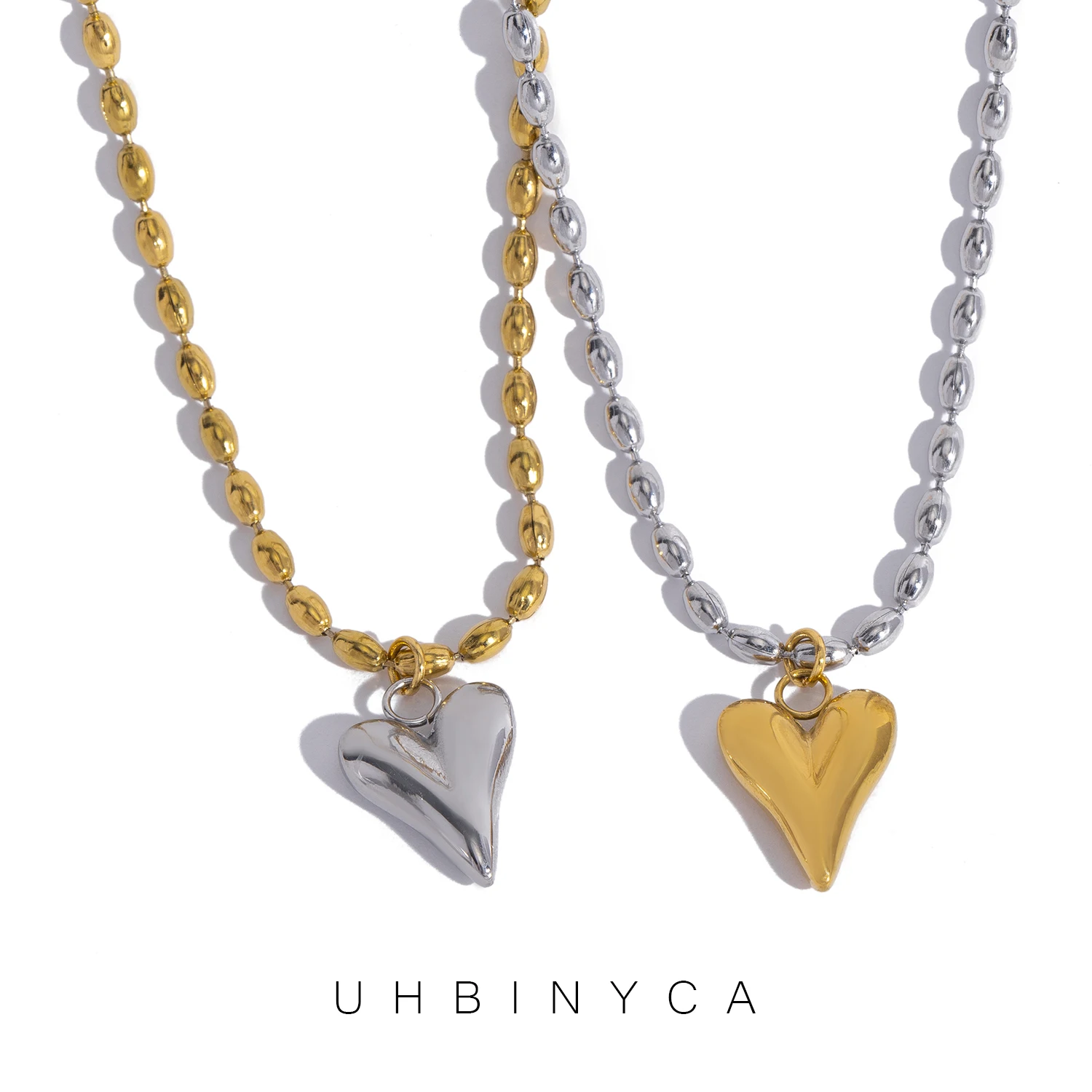 18K Gold Plated Stainless Steel Heart Pendant Bead Chain Necklace for Women, Love Symbol Hypoallergenic Dainty Jewelry Gift