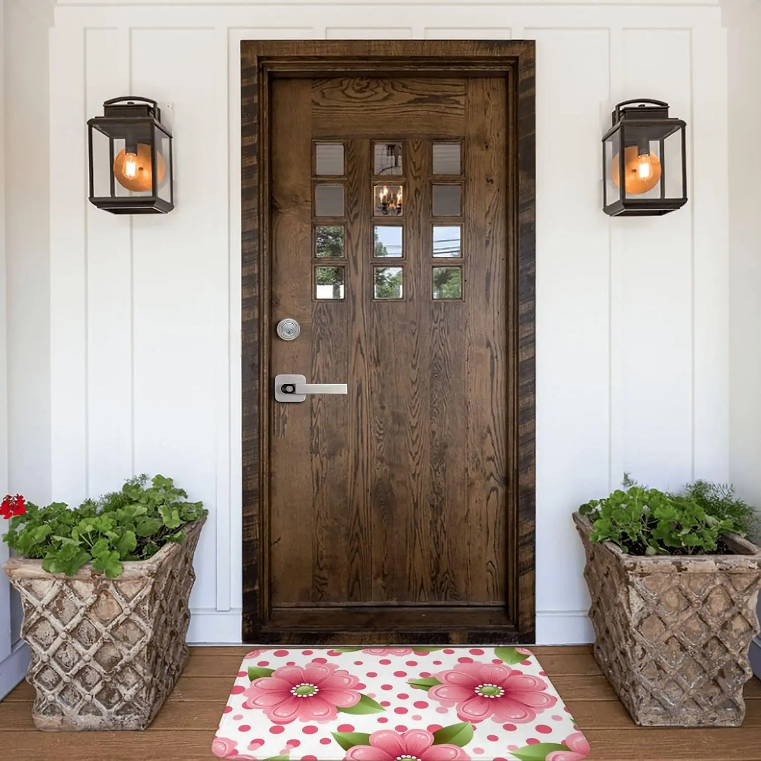 Pink Flower Polka Dot Door Mat, Cute Floral Pattern Floor Mat, Spring Garden Entrance Rug, Non-slip Washable Bathroom Home Decor