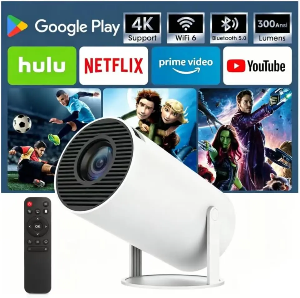 

Mini Projector with WiFi & Bluetooth, 1080P 4K Support Portable Projector, 180° Rotation Auto Keystone for Home Outdoor