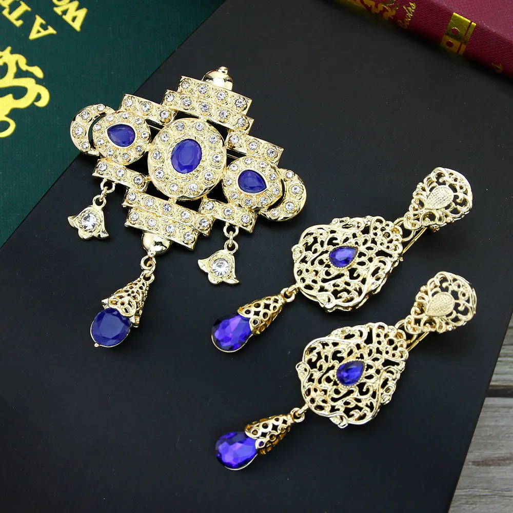 Sunspicems Elegent Morocco Bride Jewelry Sets For Women Caftan Brooch Pins Long Drop Earring Crystal Arabic Scarf Brooch Set