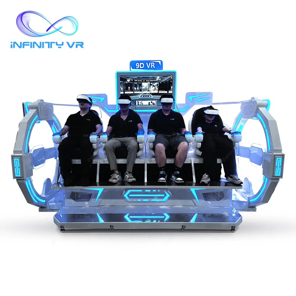 Máquina de juego de atracciones Vr 9D Vr Motion Cinema 360 silla Vr máquina simulador de realidad Virtual de 4 plazas con juegos de montaña rusa