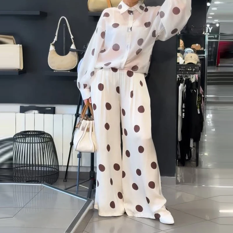 

Spring New Women's Loose Commute Outfits Elegant Simple Vacation Two Piece Fashion Polka Dot Printed Shirts Pants Matching Sets