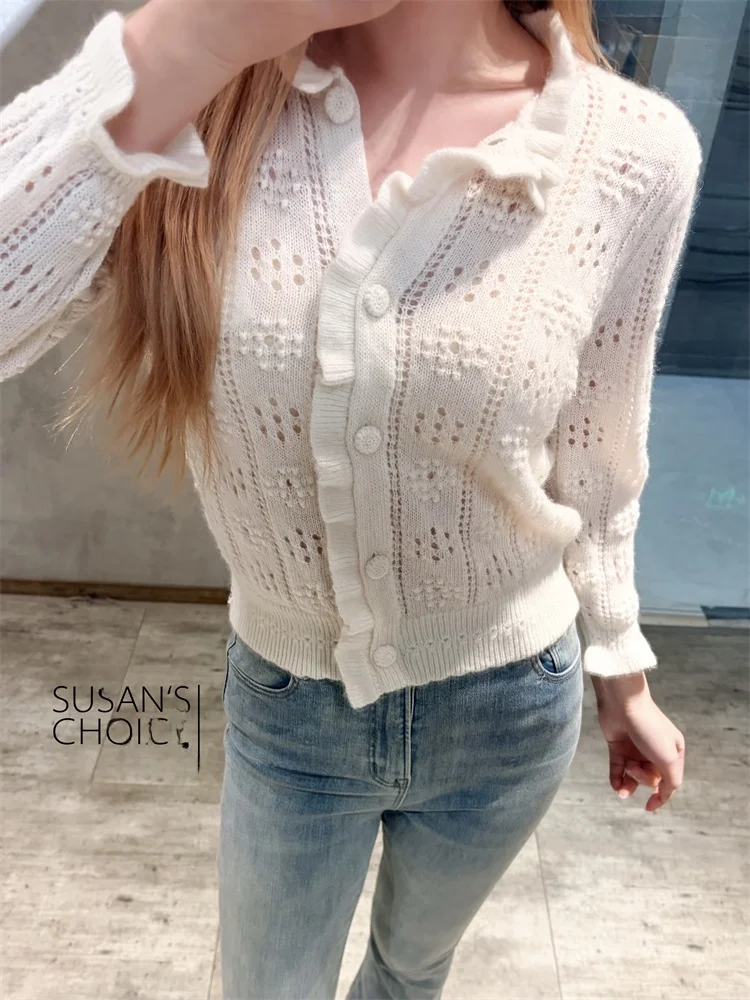 

Французский длинный свек вязаный открытый кардиган белый кружевной воротник ажурный вязаный топ женская модная осенне-сезонная одежда