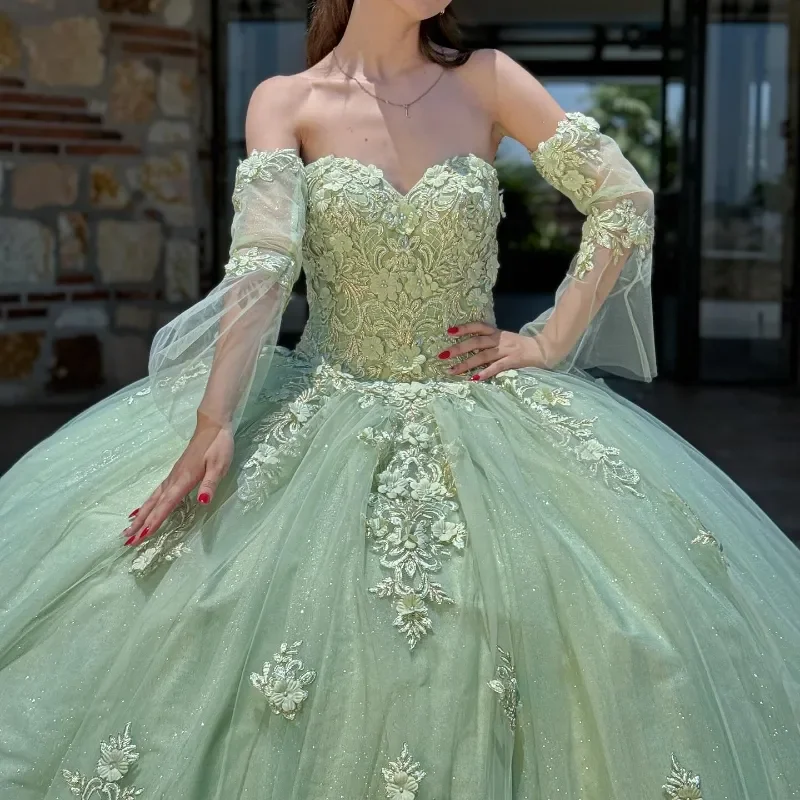 Spring Summer Sage Green Quinceanera Dresses Shinning Sequins Beads Tull Princess vestido de princesas Ball Gown