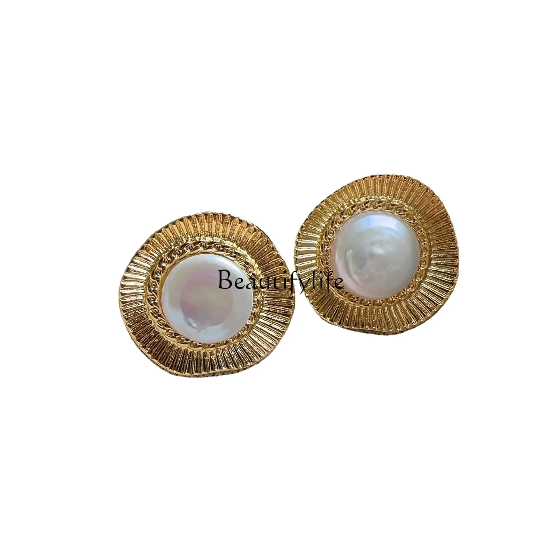 

French Vintage Premium Baroque Natural Pearl Button Round Earrings