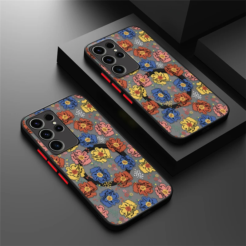 

S25 Ultra Clear Phone Case For Samsung Galaxy S24 Plus S25+ S23 FE S21 Ultra S20 Magnetic For Magsafe Skin Feel Flower Cover