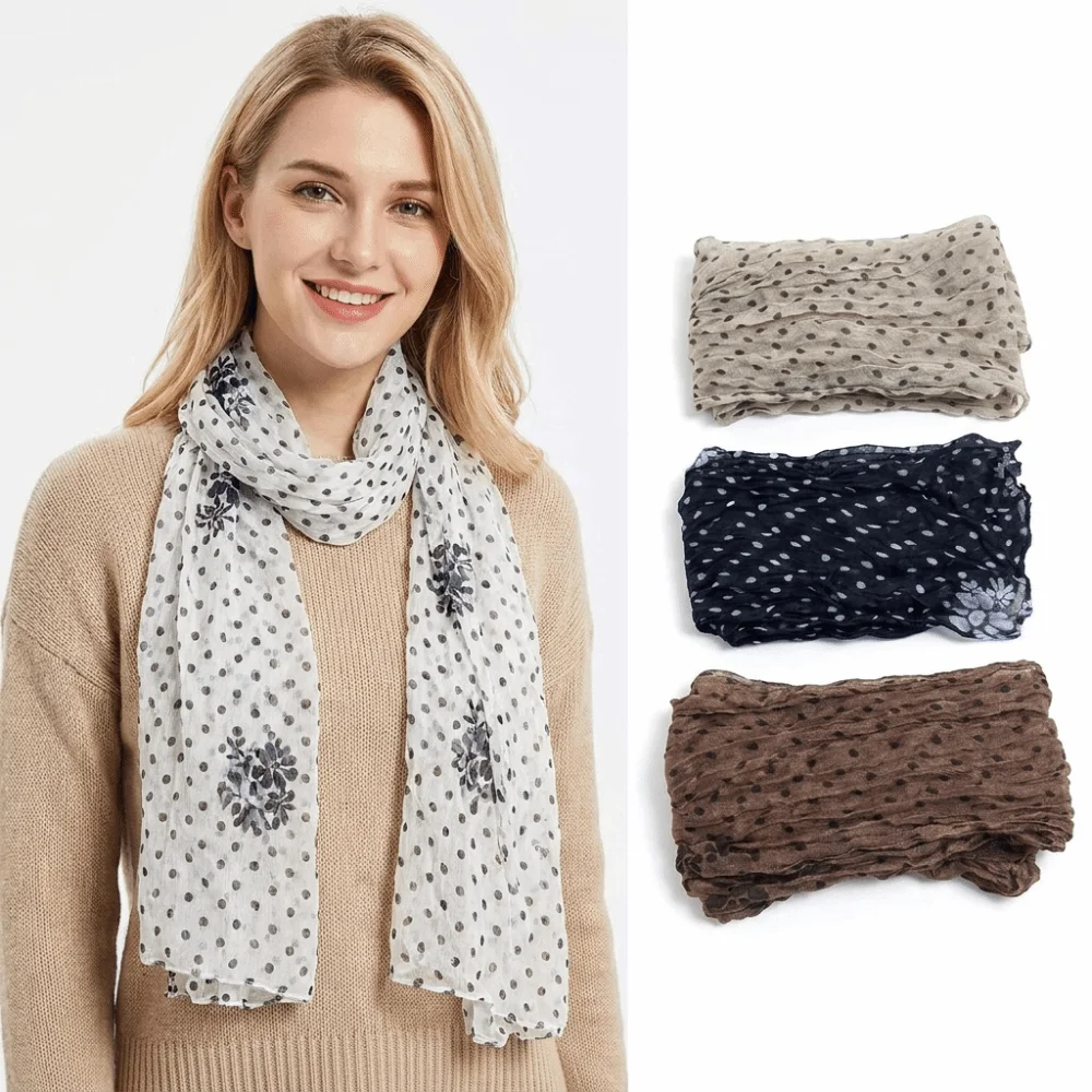 Cotton Linen Polka Dot Scarf Sunscreen Shawls Long Summer Scarves for Women Wrinkle Twisted Lightweight Chiffon Scarf
