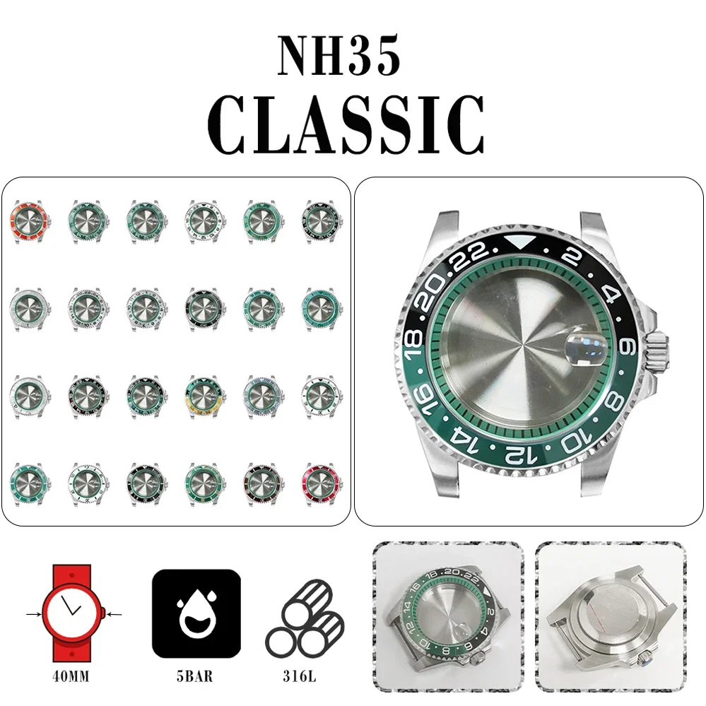 

40mm Submariner Case NH35 Case 316L Precision Steel Green Inner Shadow Ring Chapter Ring Sapphire Glass for NH35 NH36 Movement