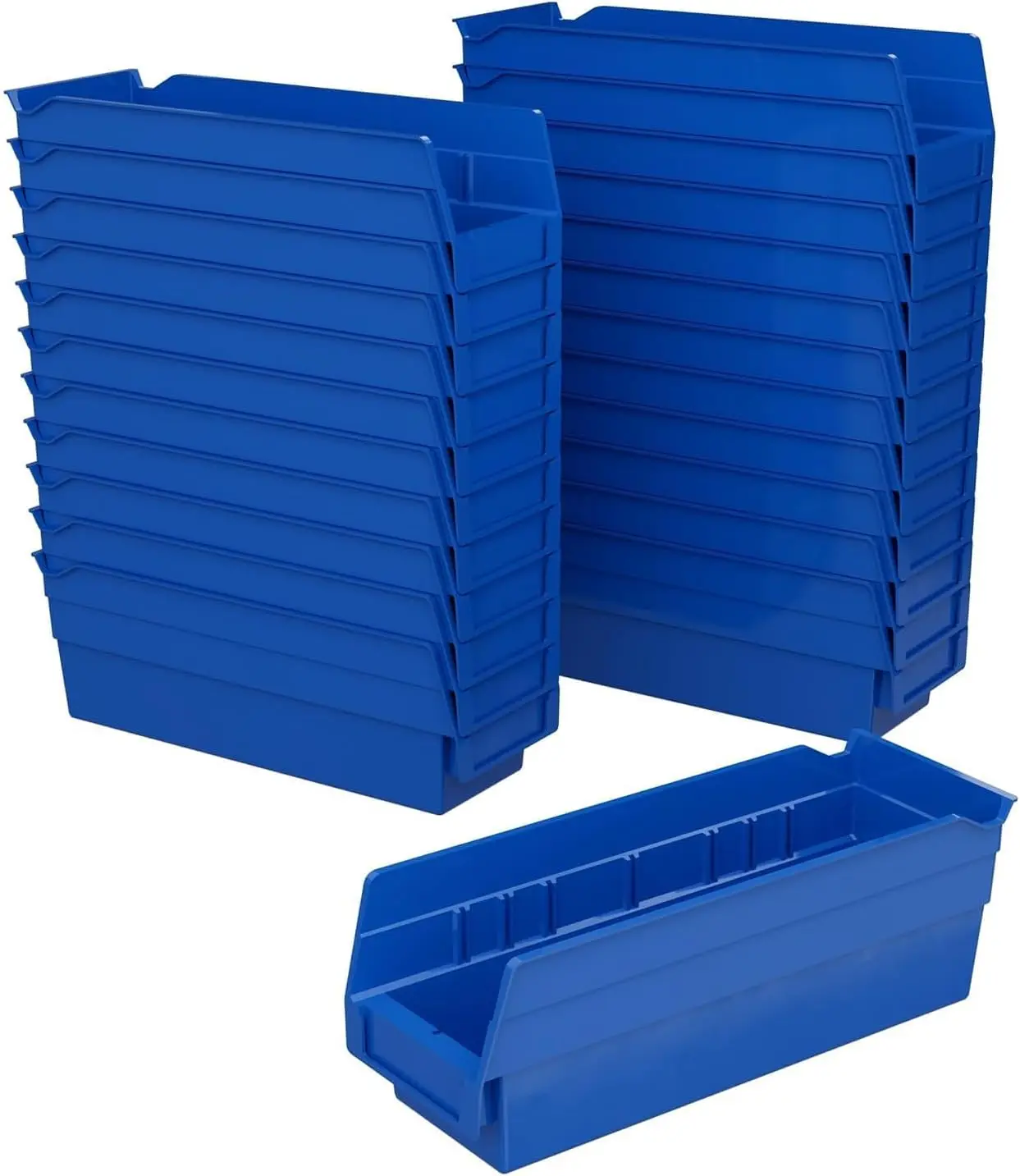 Caixas de Prateleira de Plástico Reforçado, 12x4x4 Polegadas, Azul, Pacote com 24 para Armazenamento em Garagem e Closet