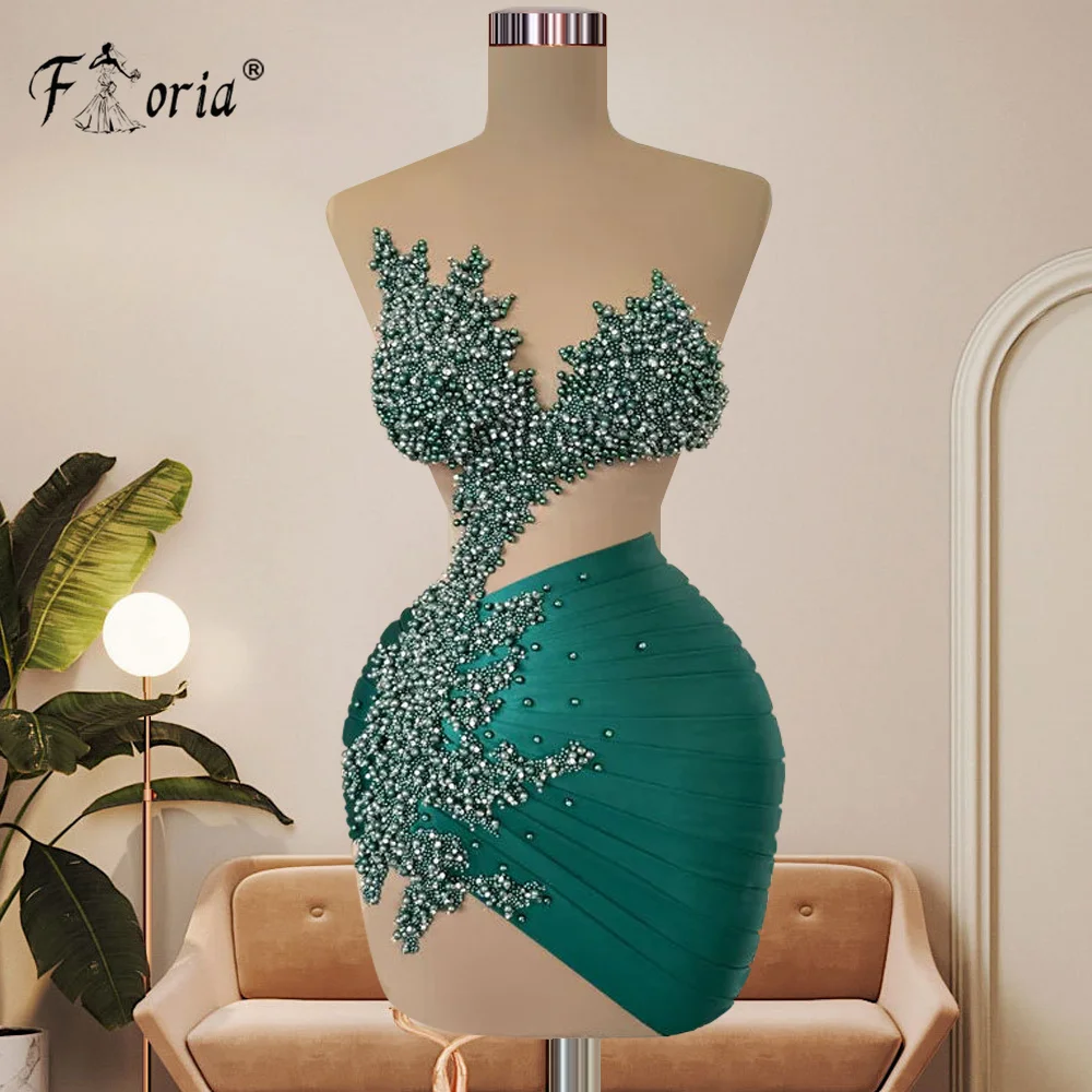 Dark Green Beaded Satin Cocktail Dress Sexy See Through Sheer Short Prom Dresses Custom Made Sleeveless Mini Wear Homecoming New