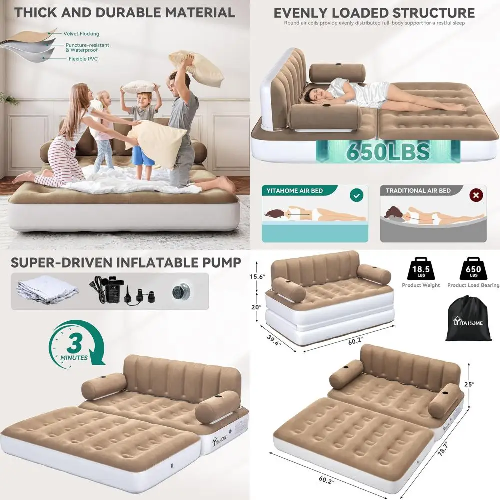 

Queen Size Inflatable Sofa Bed with Board and Pump, Versatile Air Couch, 2-in-1 Airbed for Home and Outdoor Use, Brown