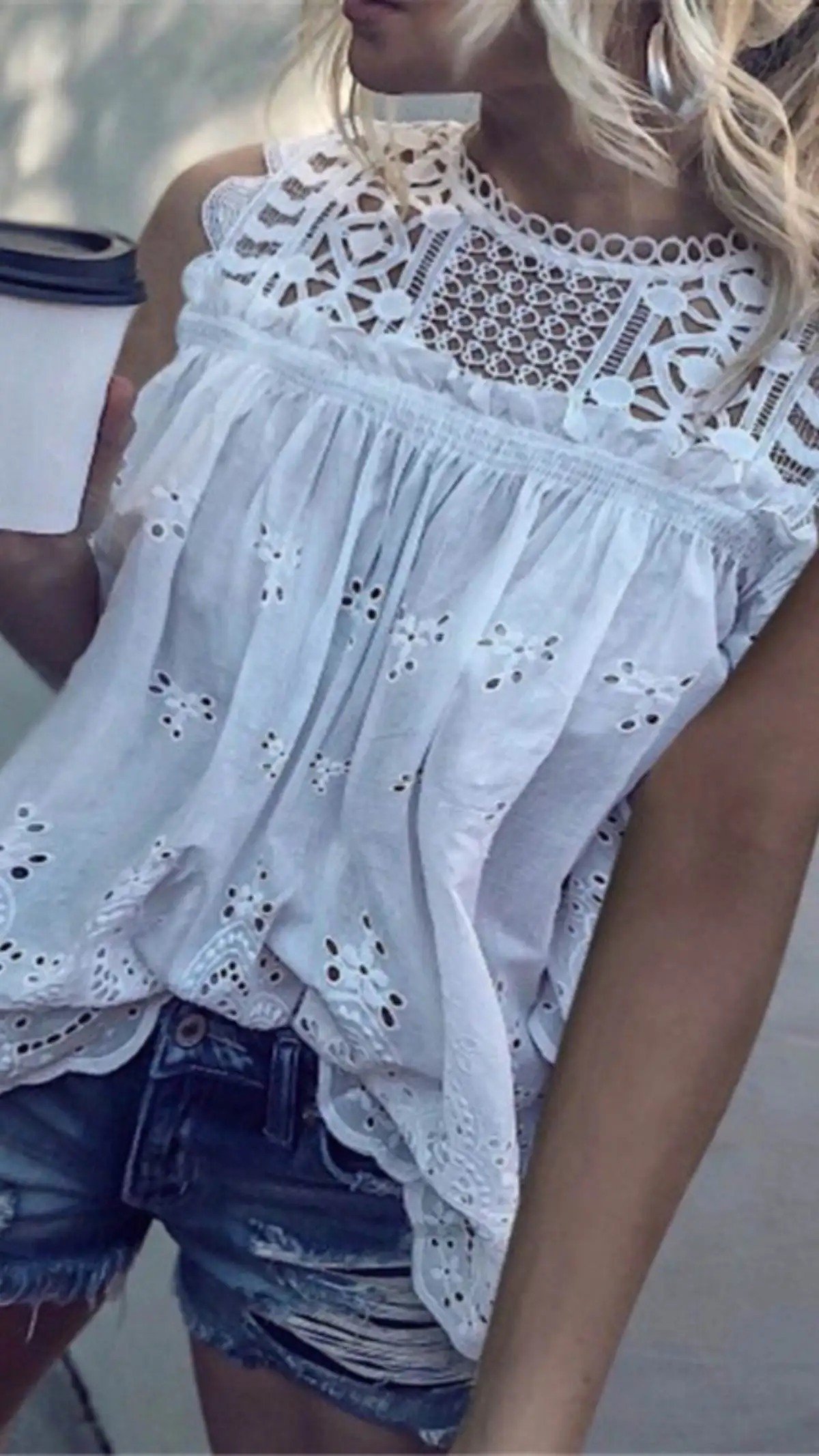 

White Lace Hollow out Sleeveless Overhead Shirt Women's Premium Fashion Top Selling Product on Ebay Summer Trend 2023