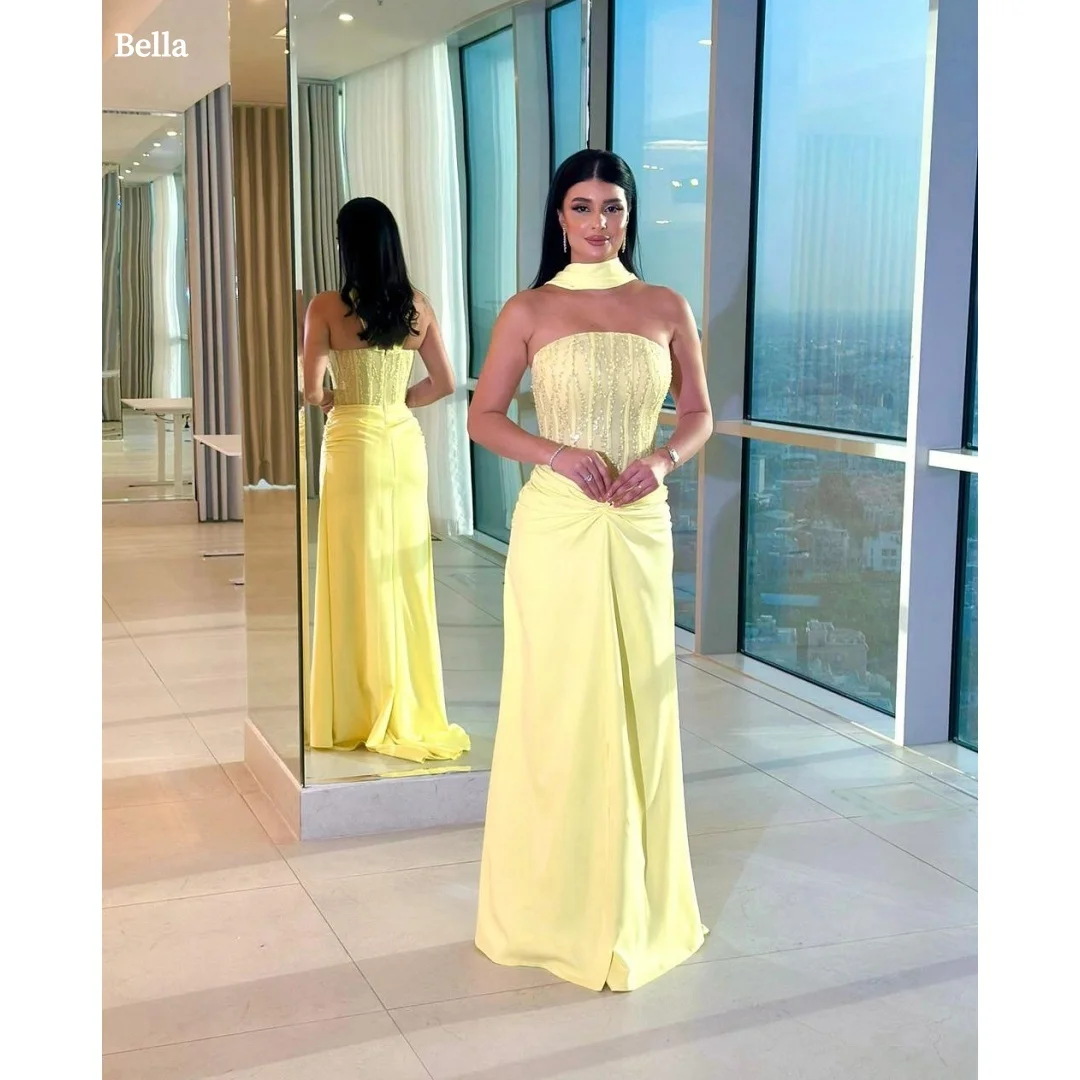 

Bella Customized Yellow Sequins Long Silk Scarves robes de soirée Strapless Backless Party Dresses Floor-Length Prom Dress 2025