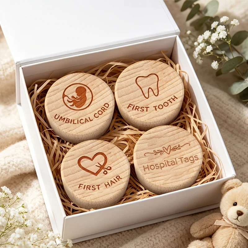 4pcs 2D Wooden Teeth Baby Hair Storage Box Heart Pattern Milk Teeth Keepsake for Newborns - Gift for Parents-to-be