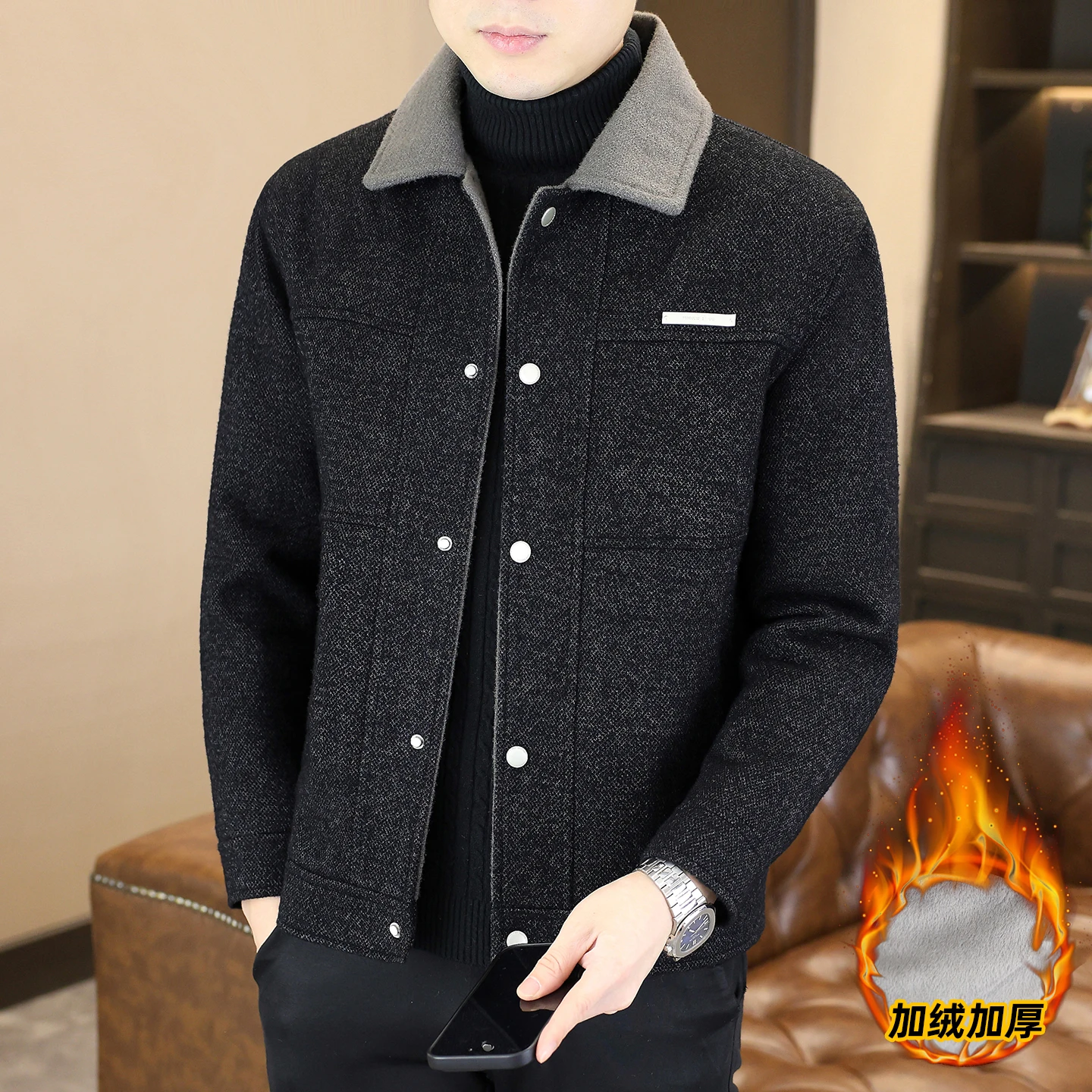 

Корейская модная лоскутная шерстяная куртка для мужчин, зимняя толстая и теплая повседневная короткая тренч, универсальная деловая социальная куртка